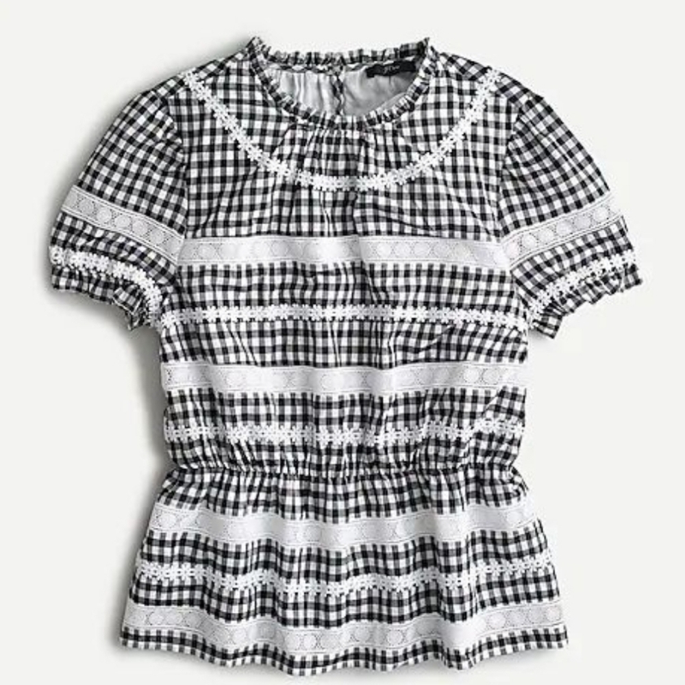 J. Crew black & white Gingham with daisy/lace stripes